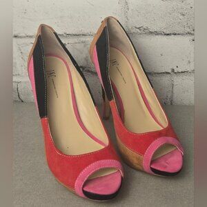 INC Suede Patchwork Peep Toe Platform Heels Red Pink Tan Size 8